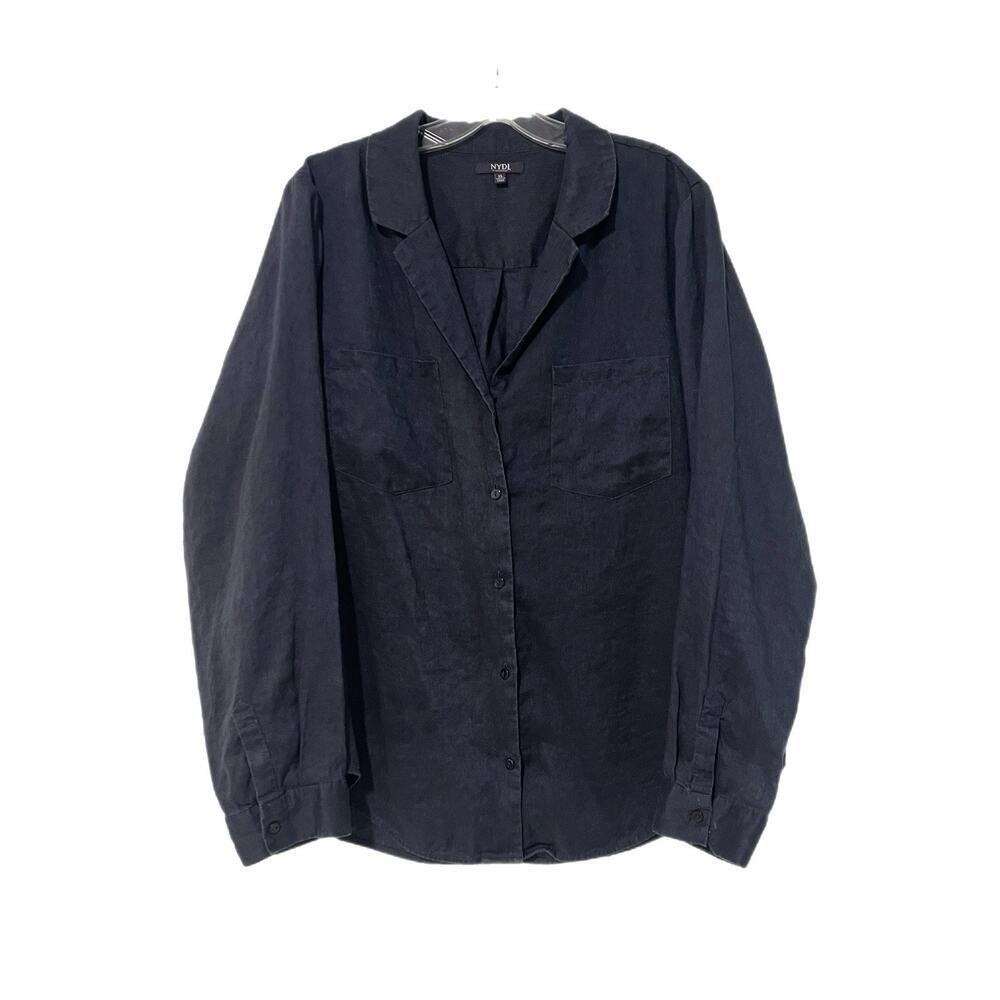 NYDJ 100% Linen Top Shirt Women XL Navy Blue Long Sleeve Button Up Blouse Pocket